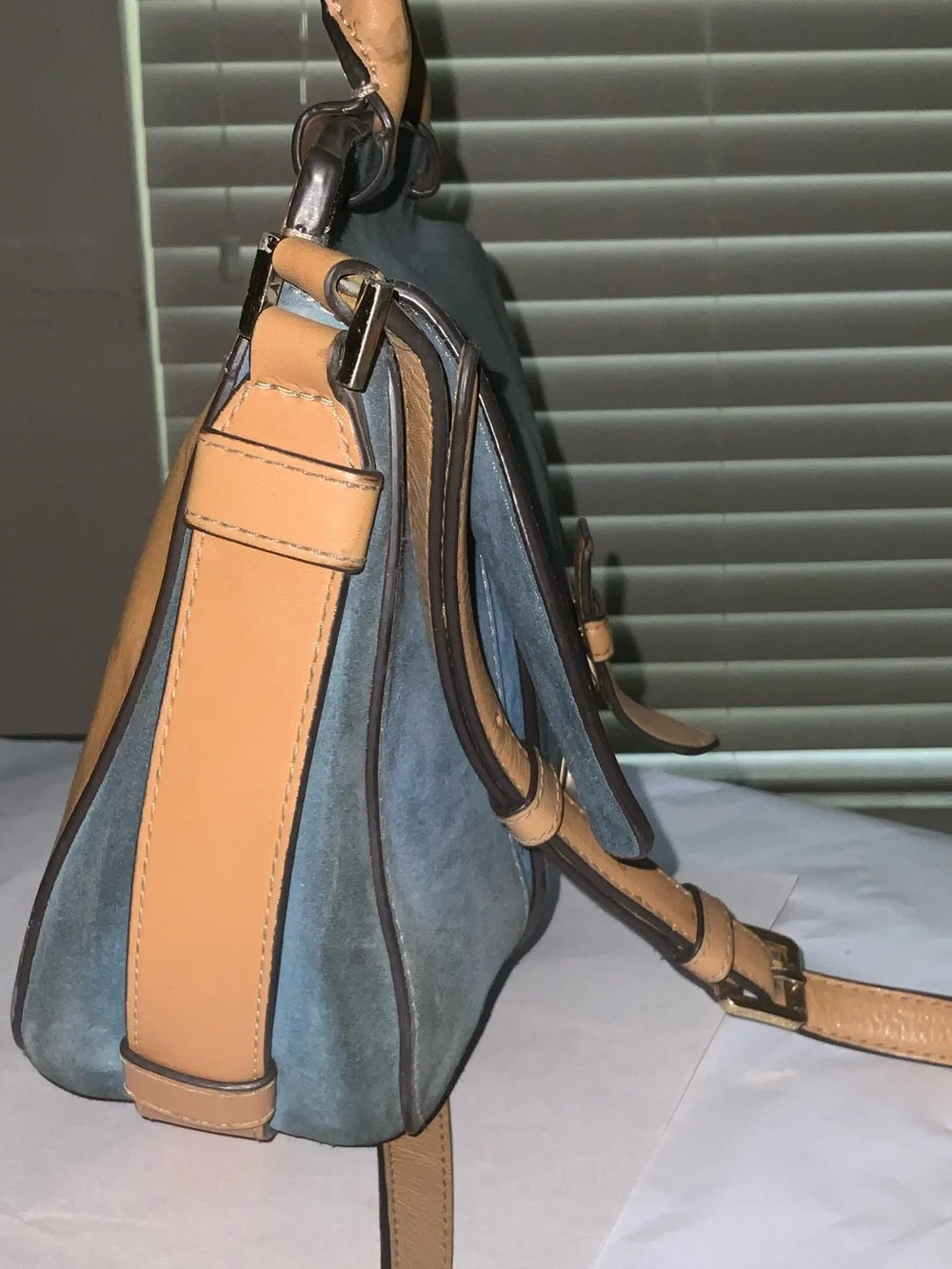 Michael Kors Blue Suede Crossbody Satchel with Tan Leather Trim